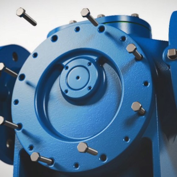 Blue DESMI pump component with bolts, used for fluid handling applications.
