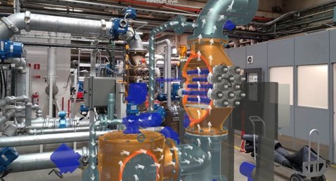 Industrial piping system with digital overlay showing fluid flow and operational levels.