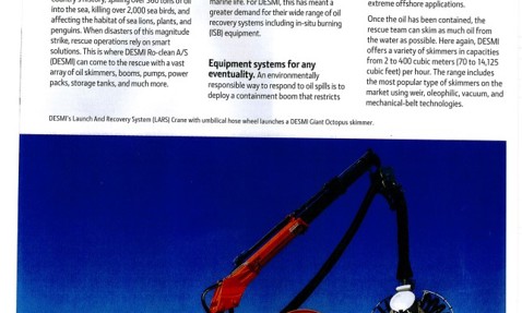 DESMI oil spill recovery equipment, including LARS crane and Giant Octopus skimmer, showcased.