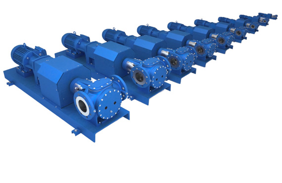 Row of blue DESMI ROTAN pumps for fluid handling applications.