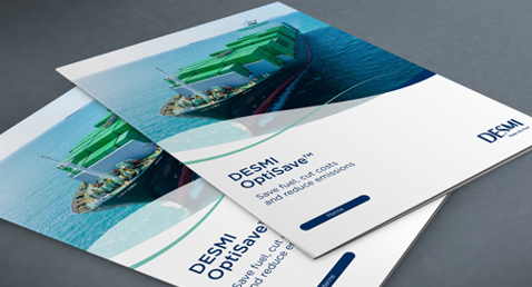 DESMI Optisave brochures featuring a cargo ship on the cover.