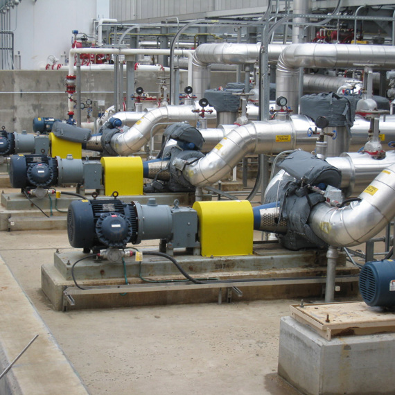 Industrial pumps and piping system in a facility, arranged on concrete bases.