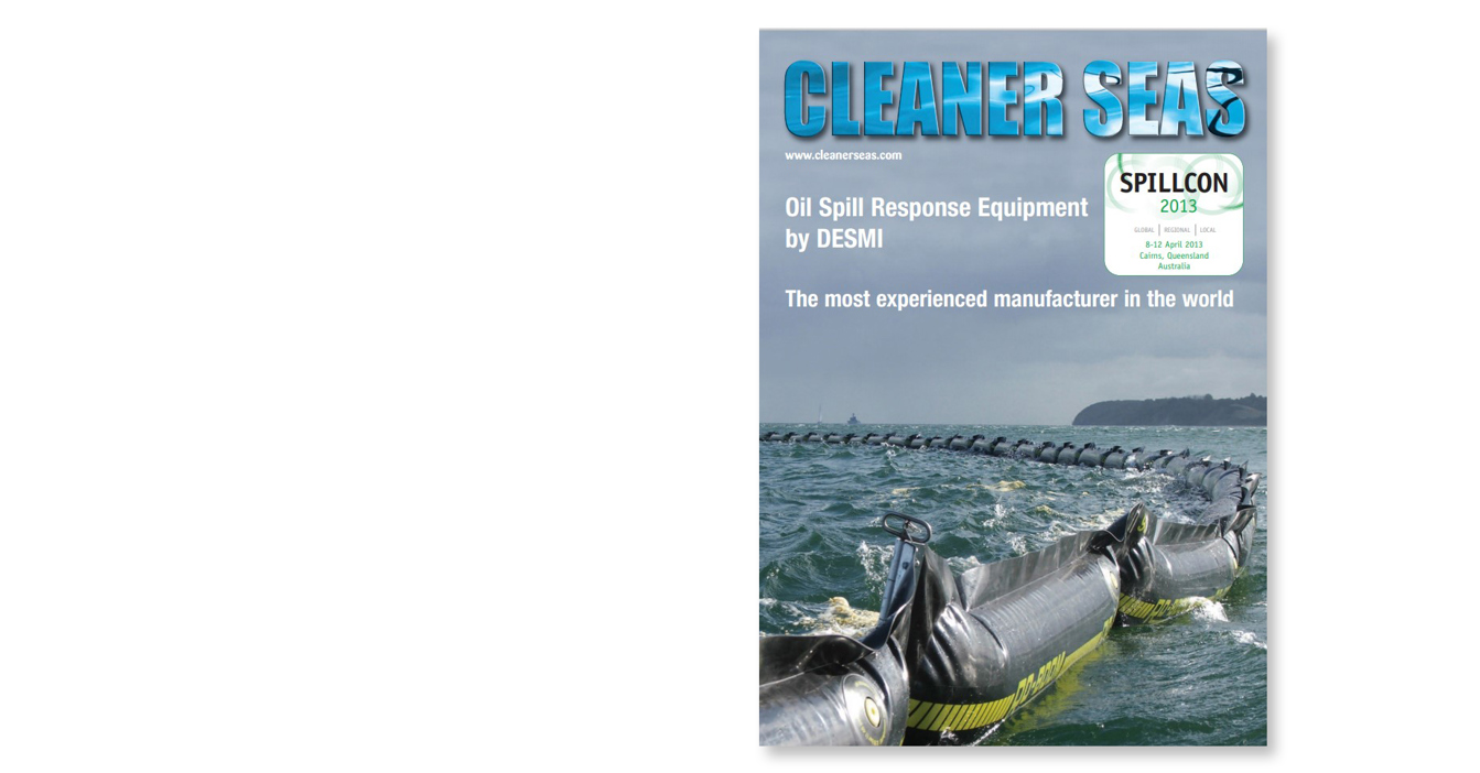 Magazine cover featuring DESMI oil spill response equipment in ocean setting.
