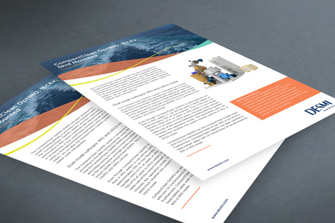 DESMI brochures on a table showcasing industrial equipment and fluid handling solutions.