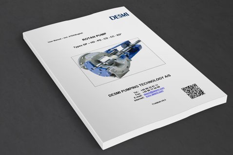 Manual de usuario de la bomba DESMI ROTAN, con imagen de la bomba e información de contacto.