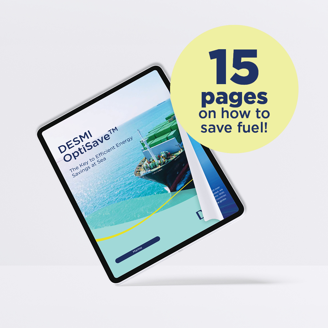 Tablet displaying DESMI OptiSave guide for efficient energy savings at sea.