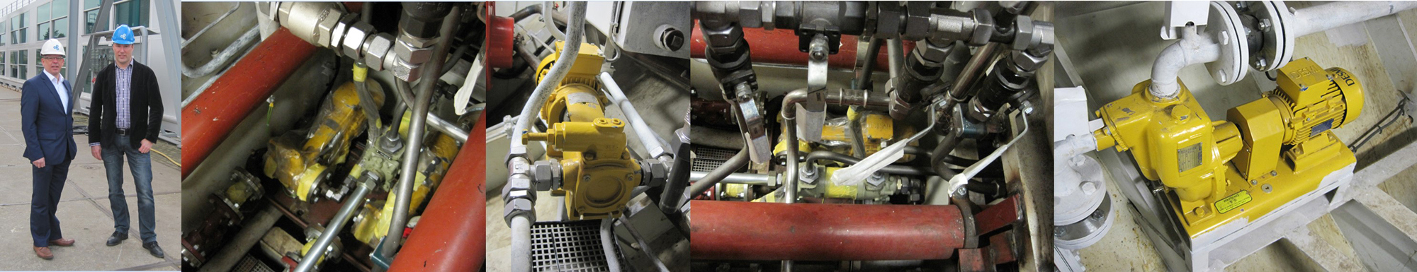 Two men in hard hats and DESMI industrial pumps for fluid handling.