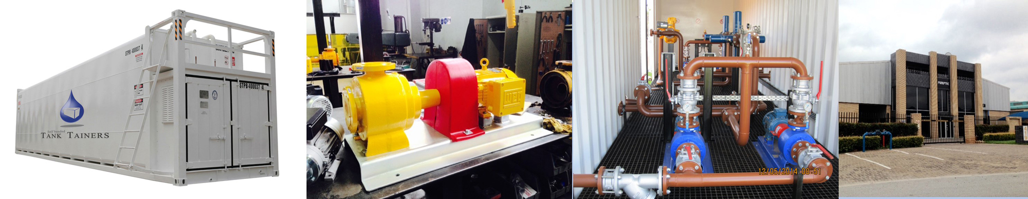 工业设备，包括罐式集装箱、泵和建筑外观。