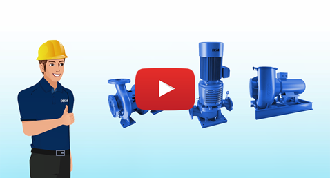 Illustration av DESMI-pumpar med en person som ger en tumme upp och en uppspelningsknapp.