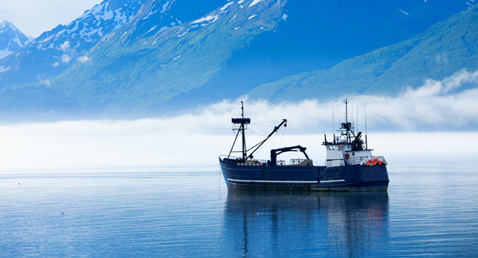 Fishing boat on calm water with snow-capped mountains in the background.