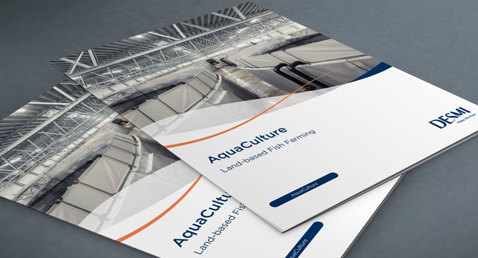 DESMI brochures on aquaculture and land-based fish farming, featuring industrial facilities.