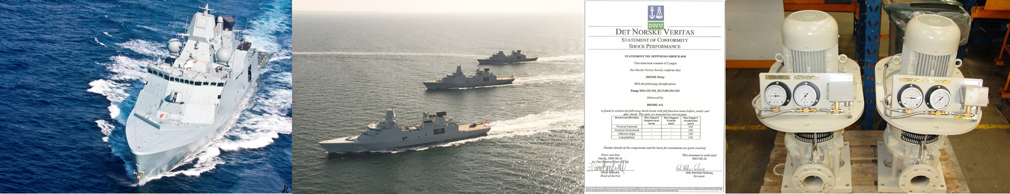 海上的海军舰艇，DESMI 泵认证，以及两个 DESMI NSL 离心泵。
