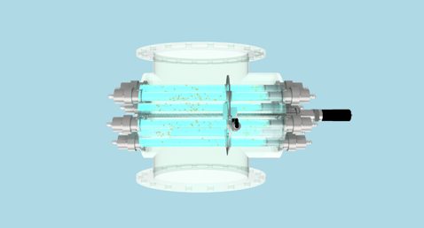 DESMI CompactClean压载水管理系统，带有透明腔室，内含蓝色液体。