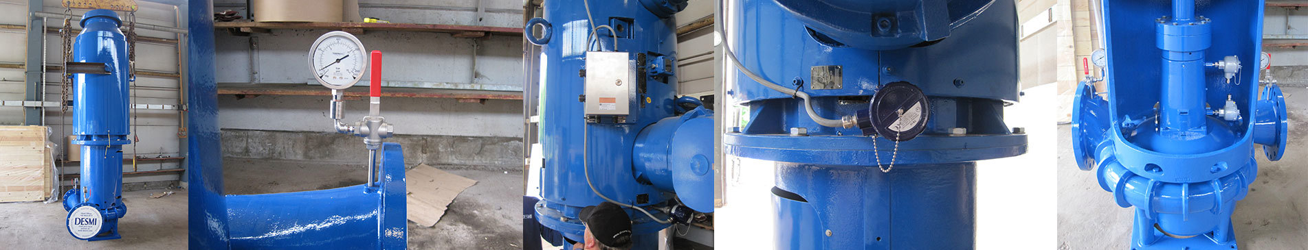 Blue DESMI pump system for fluid handling, featuring gauges and control components.