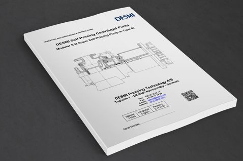 DESMI self-priming centrifugal pump manual, featuring technical drawing and contact details.