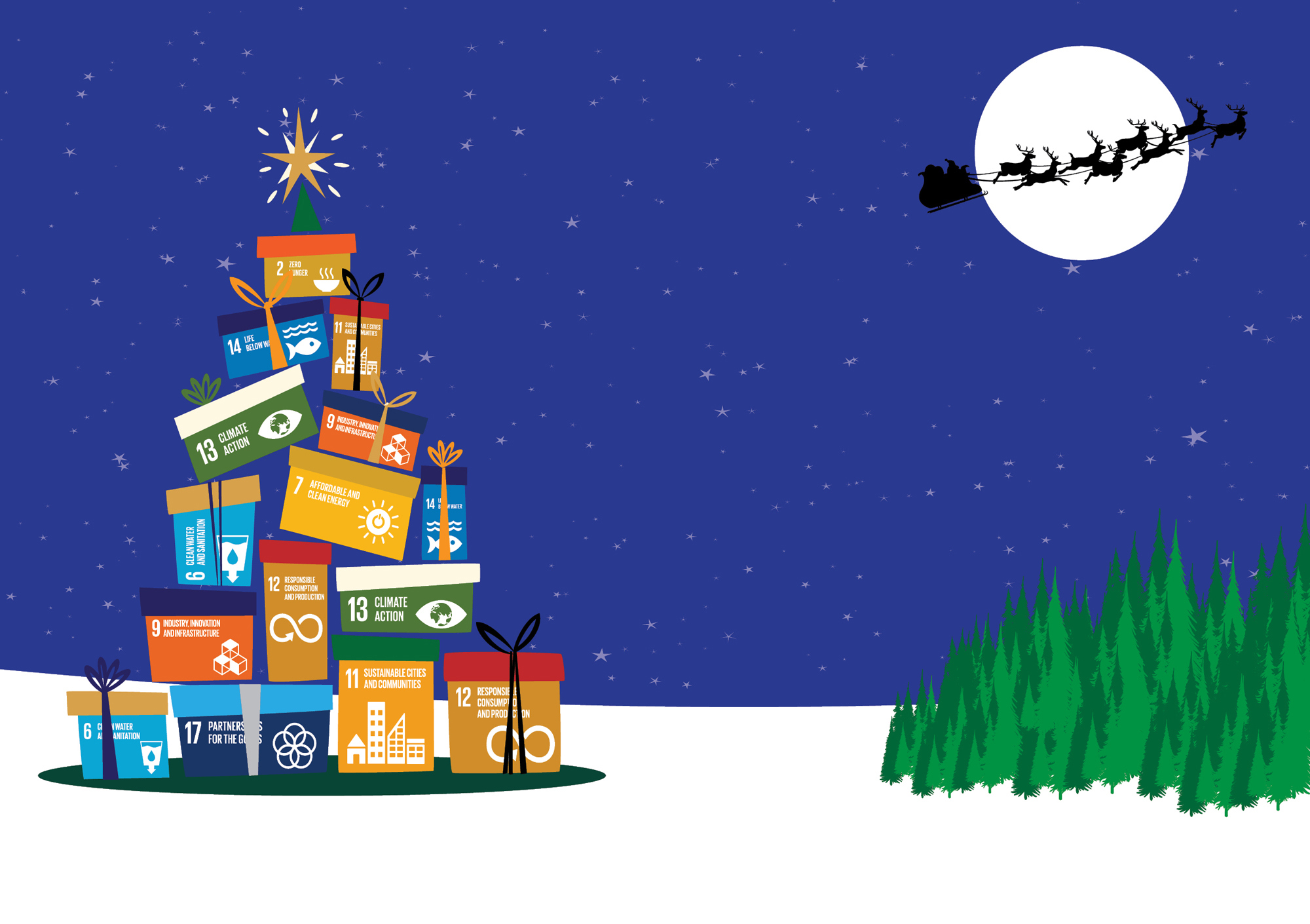Stacked gift boxes depicting Sustainable Development Goals, with Santa flying in the background.