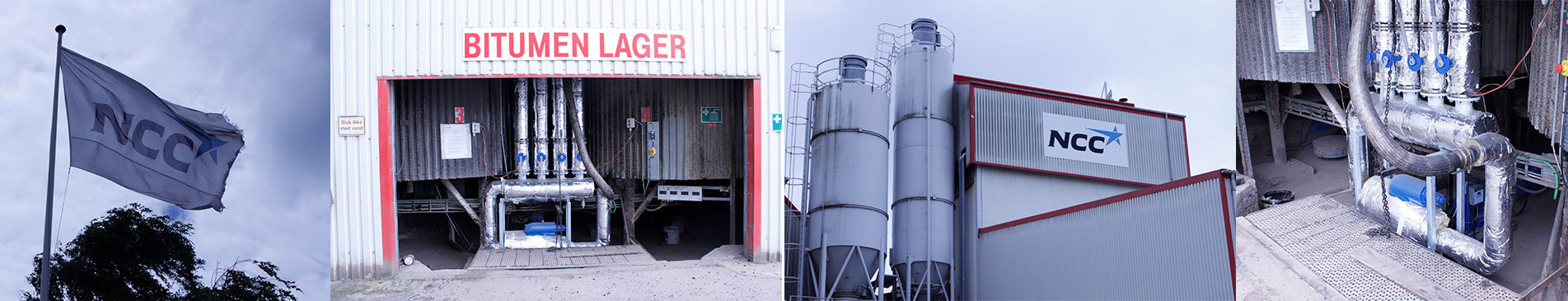 Industrial facility with NCC flag, bitumen storage, and large silos.