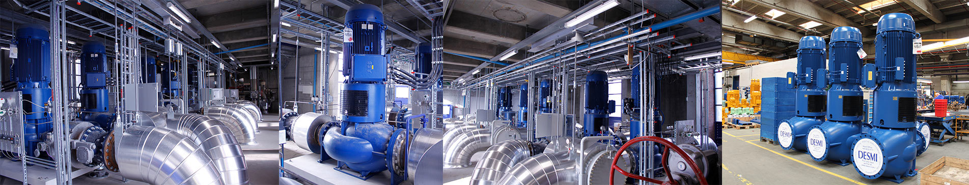 Industrielle Anlage mit DESMI-Pumpen zur Flüssigkeitshandhabung und großen Metallrohren.