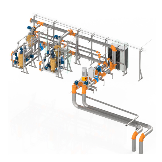 Industrial piping system with multiple pumps and valves for fluid handling.