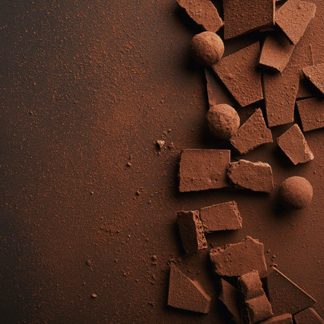 Cocoa-dusted chocolate pieces and truffles scattered on a dark surface.
