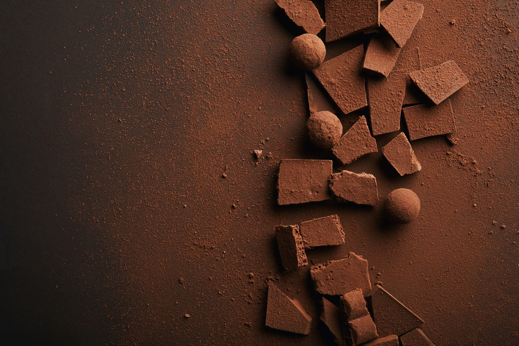 Cocoa-dusted chocolate pieces and truffles scattered on a dark surface.