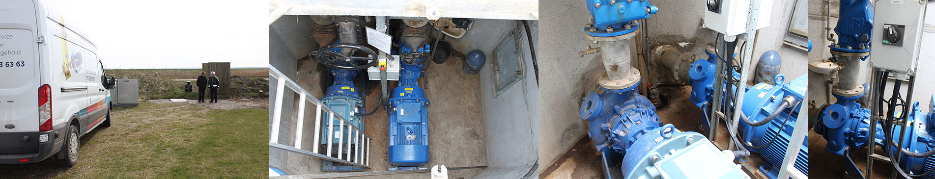 DESMI service van beside industrial pumps for fluid handling in a rural setting.
