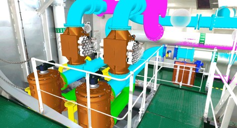 Industrial piping system with valves and connectors in a mechanical room.