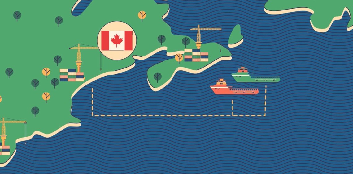Illustration of Canadian coastline with cranes, containers, and two ships in the ocean.