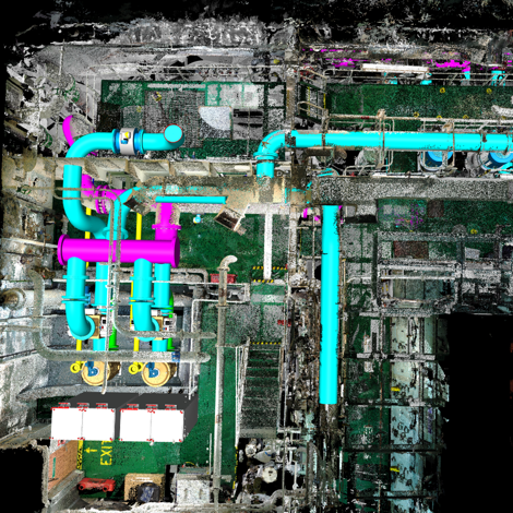Colorful 3D model of industrial piping system with blue and pink pipes.