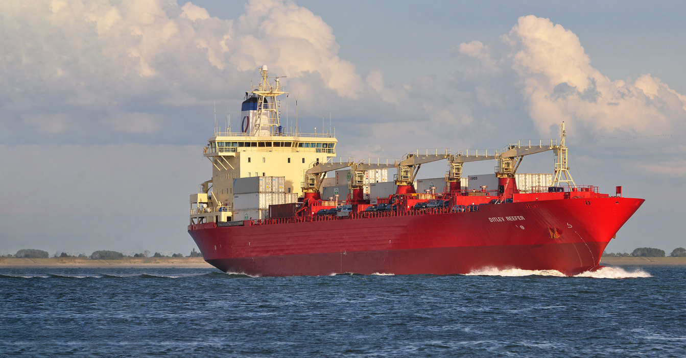 Red cargo ship sailing in open waters under a cloudy sky.
