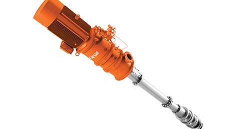 Orange DESMI NSL vertical pump for fluid handling applications.