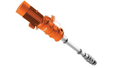 用于流体处理应用的橙色DESMI NSL立式泵。