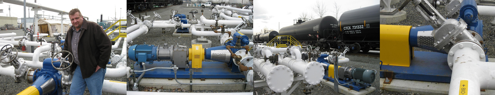 Industrial site with pipelines, pumps, and a man standing beside equipment.