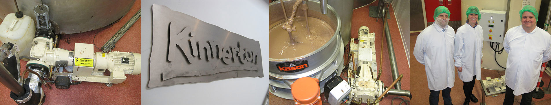 Industrial pump system in a processing facility with three workers in protective clothing.