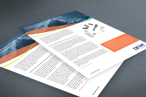 Two DESMI brochures featuring text and images, laid out on a gray surface.