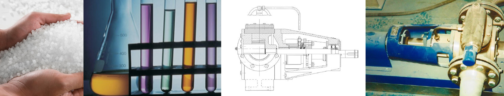 Hands holding pellets, colorful test tubes, mechanical diagram, and industrial machinery.