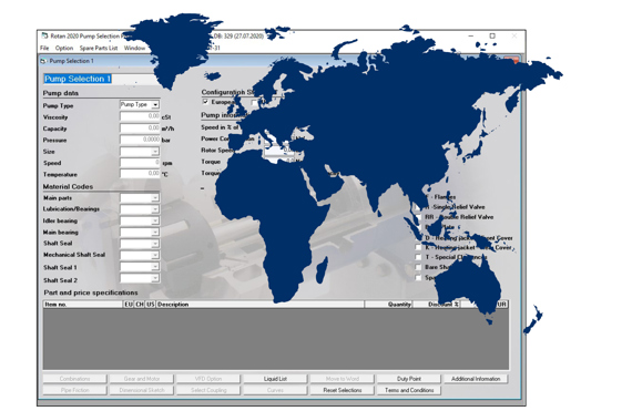 World map overlay on pump selection software interface screen.