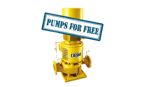 Yellow DESMI pump with "Pumps for Free" sign.