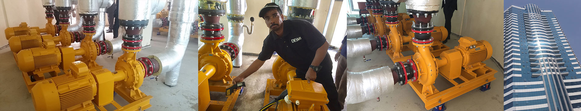 DESMI 技术人员在建筑设施中检查用于流体处理的工业泵。