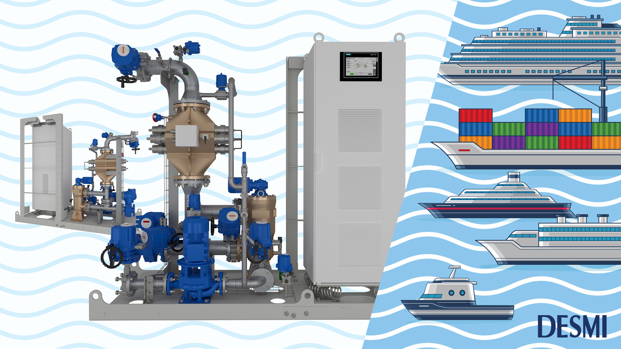 DESMI pump system with ships, showcasing marine fluid handling solutions.