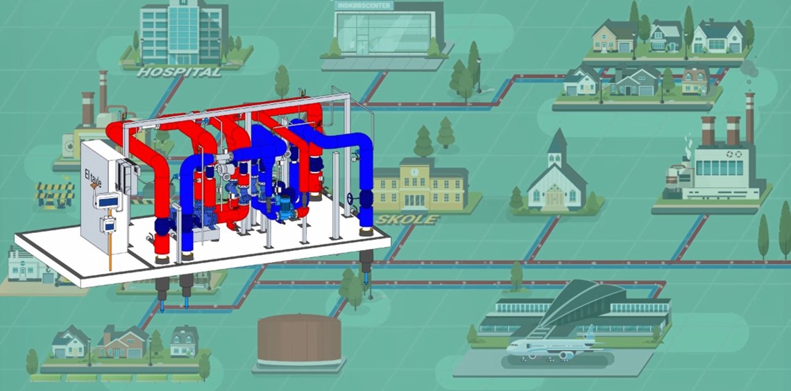 Illustration of a district heating system network serving various community buildings.