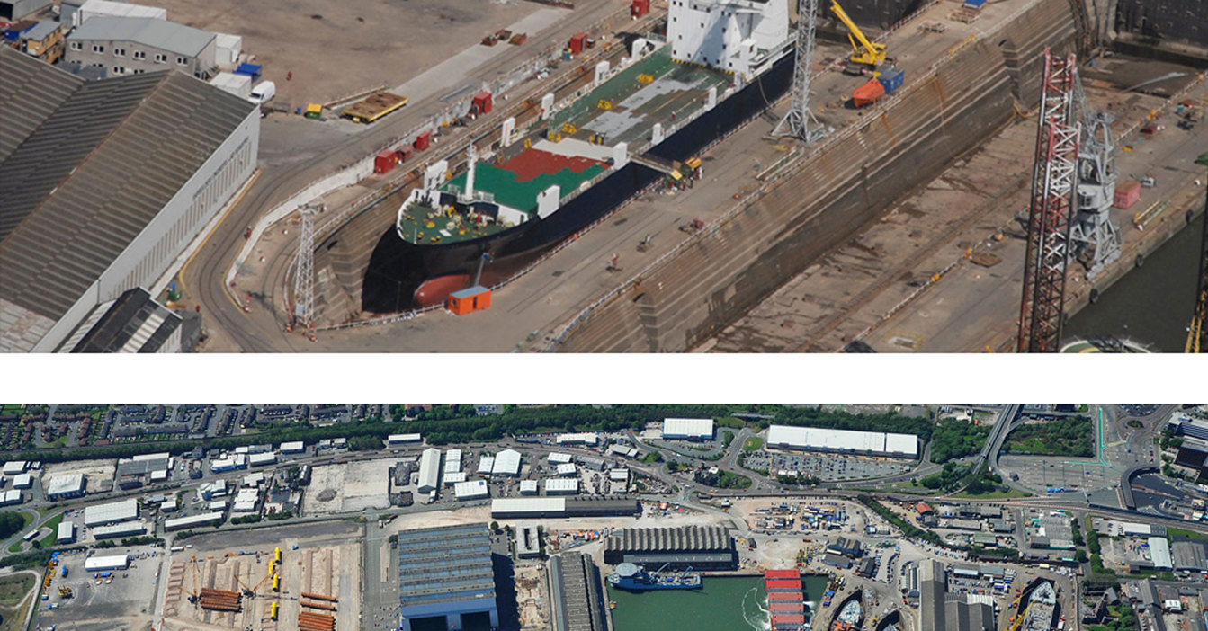 Aerial views of shipyards with docked vessels and surrounding industrial infrastructure.