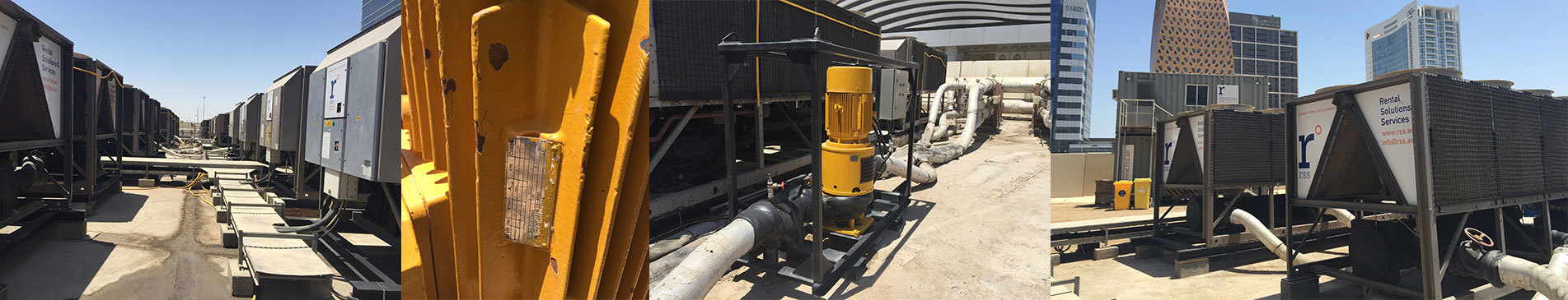 Industrial rooftop setup with cooling units and yellow pump for fluid handling.