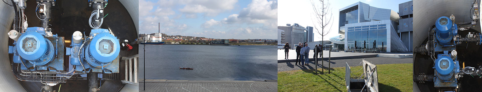 DESMI pumps for fluid handling, scenic waterfront, and modern architecture with people outside.