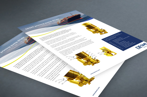 Brochures imprimées DESMI présentant des pompes pour la gestion des fluides et les applications maritimes.