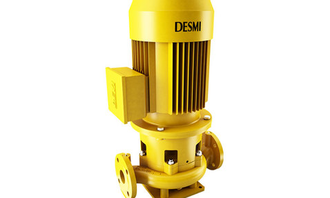 Yellow DESMI centrifugal pump for fluid handling, featuring flanged connections.