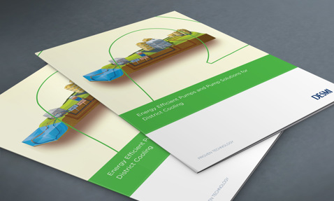 DESMI brochures on energy-efficient pumps for district cooling, featuring green accents.