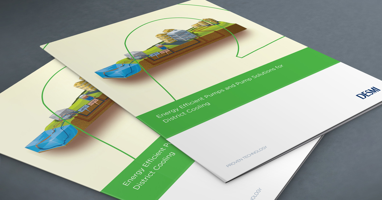 DESMI brochures on energy-efficient pumps for district cooling, featuring green accents.