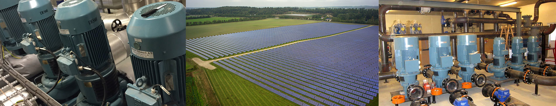 DESMI pumps for fluid handling, solar panels in field, and industrial pump setup.