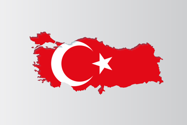 Map of Turkey with its flag design, featuring crescent and star.